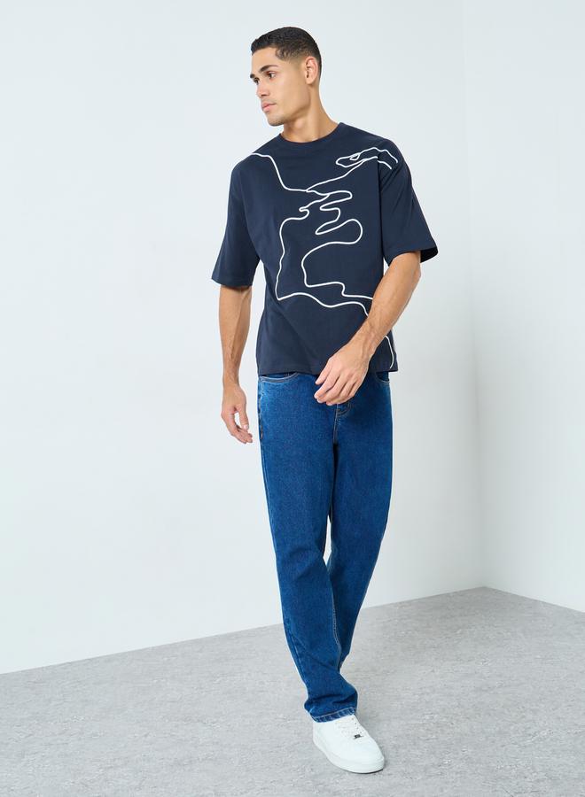 Styli Navy Blue Oversized Embroidered T-Shirt - Image 2
